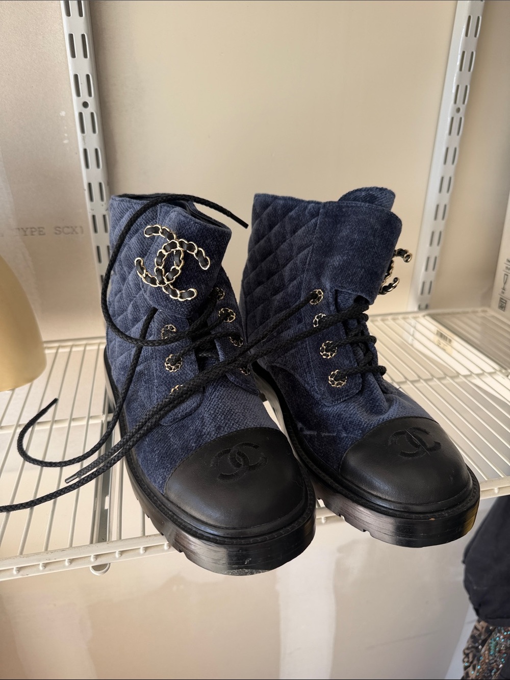 CHANEL Navy Quilted Suede & Black Leather Lace-Up Ankle Boots